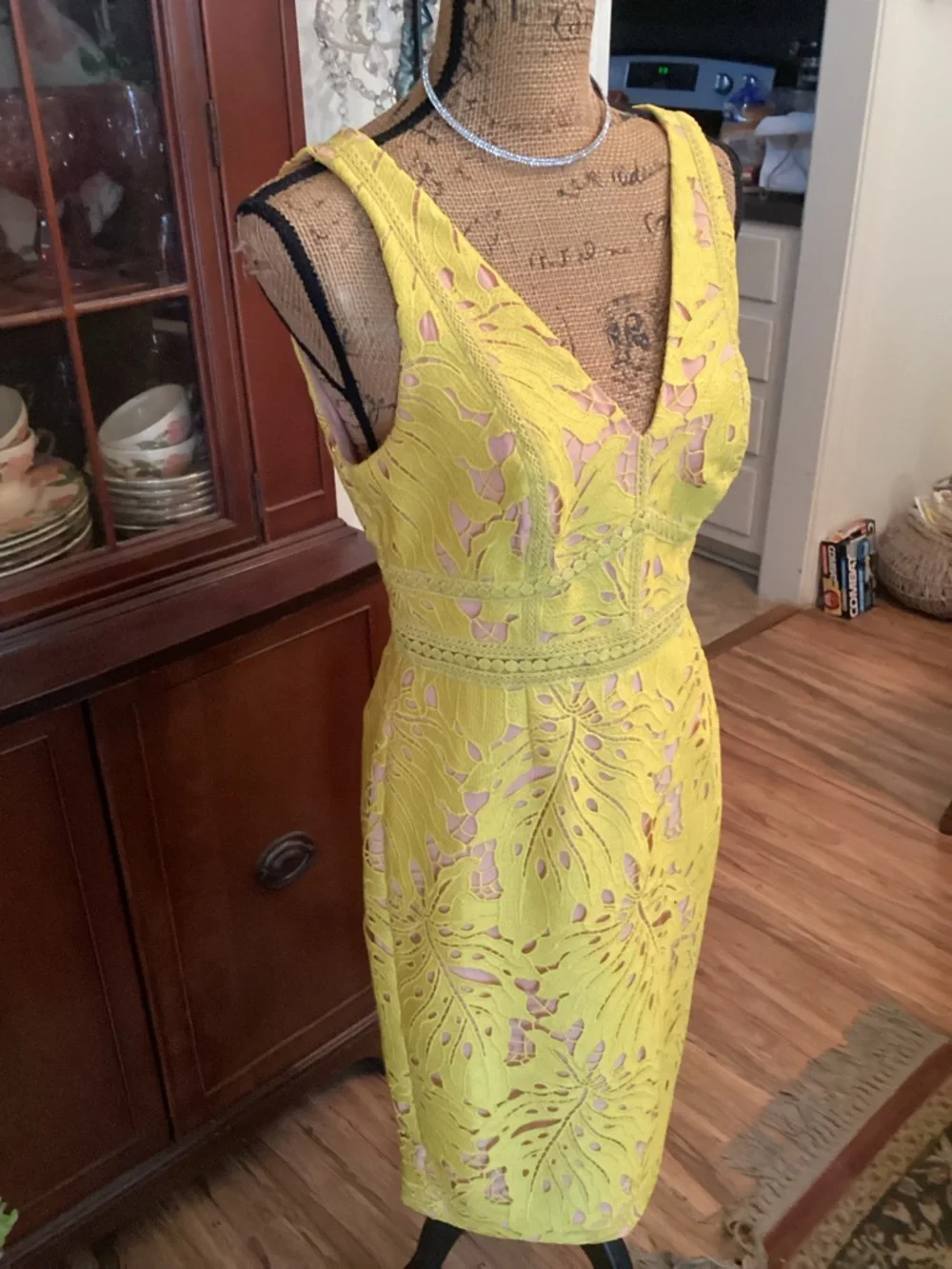 Maeve Yellow Lace Midi Dress with Pink Lining